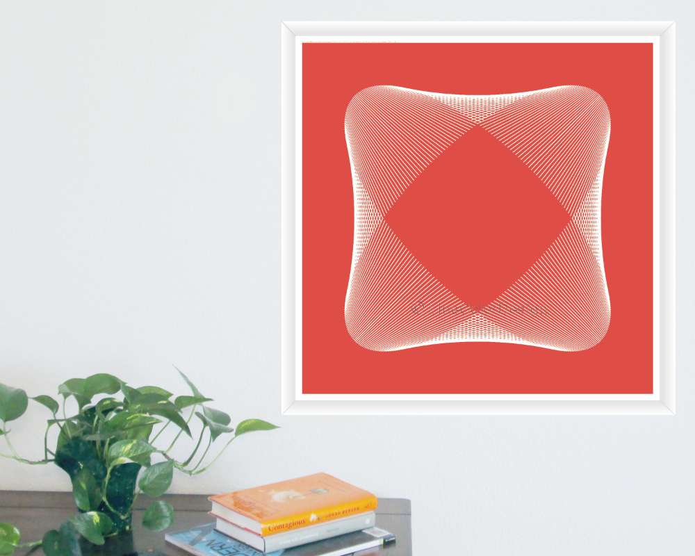 square wall art pring with salmon color background and circular patterns swirling in space