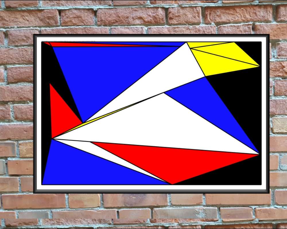 Geometric art pring showing triangles in blue, red, black, yellow and white