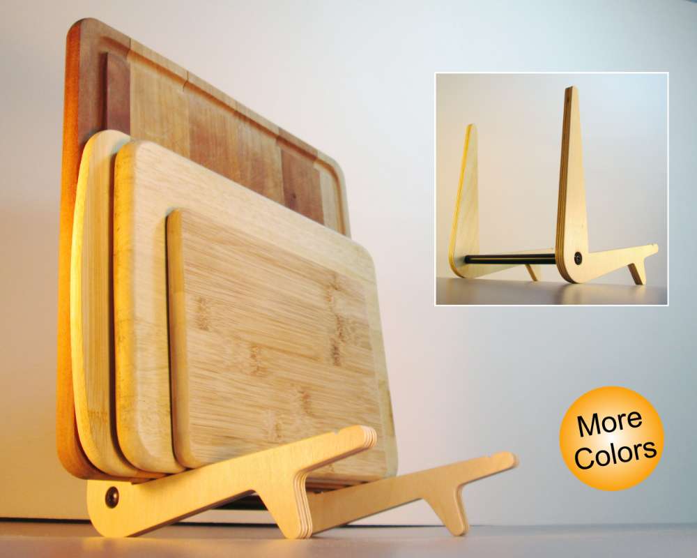 modern looking wood rack for holding cutting boards