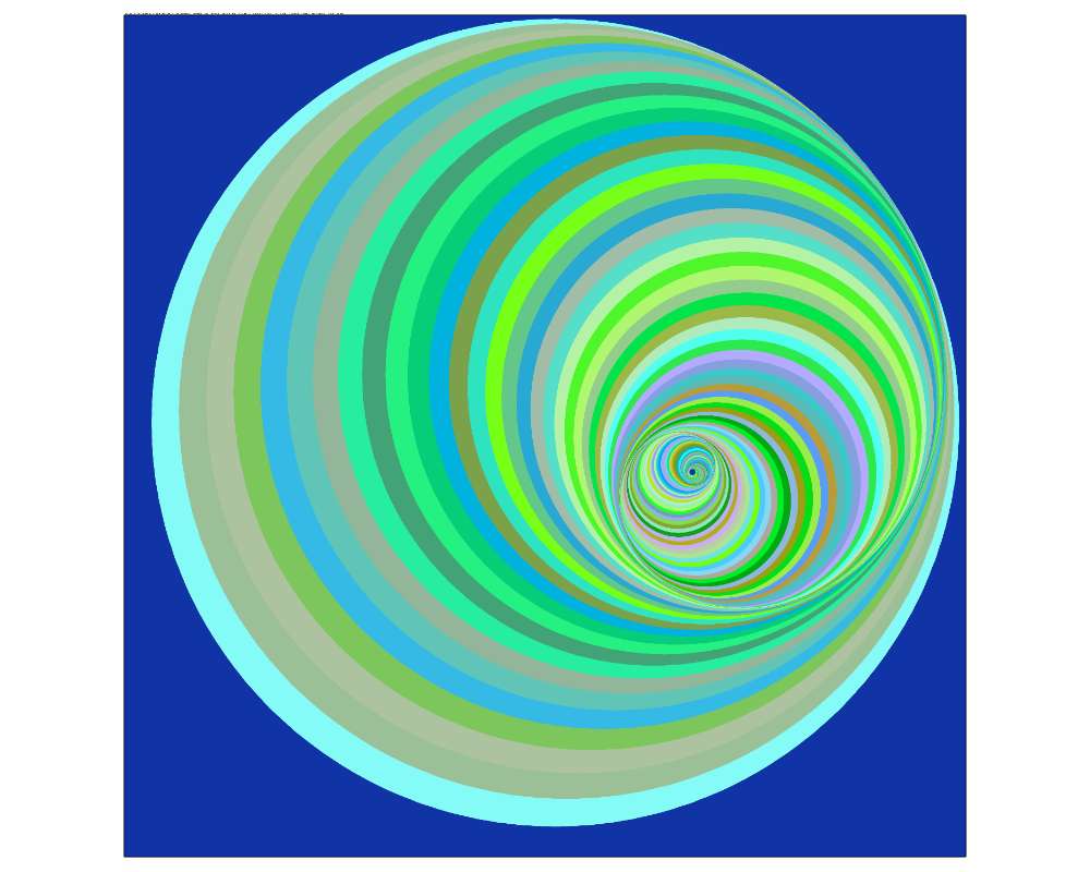 a modern art print showing spiraling blue and green circles