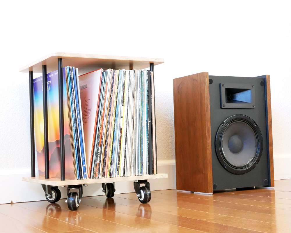 a crate on wheels for storing vinyl records